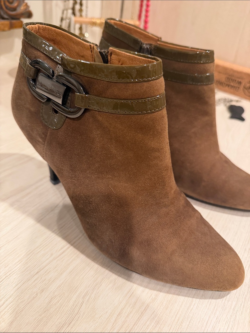 Sofft Brown Suede Ankle Booties with Olive Patent Trim